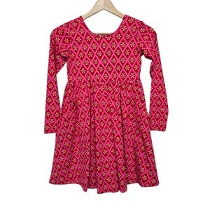 Hanna Andersson Girls Pink Red Floral Geometric Skater Dress Long Sleeve Size 8